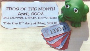 The Jaycee president took great pride each month in making amusing "trophies" to award the frog winner. If any Jaycees have pictures of their "frog" awards, please send them to Bob!